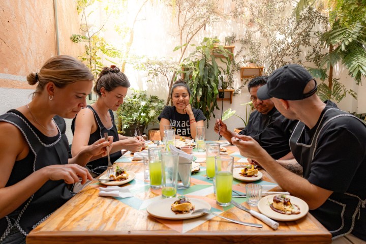 Group of people enjoying a meal at a wooden table outdoors, surrounded by plants.